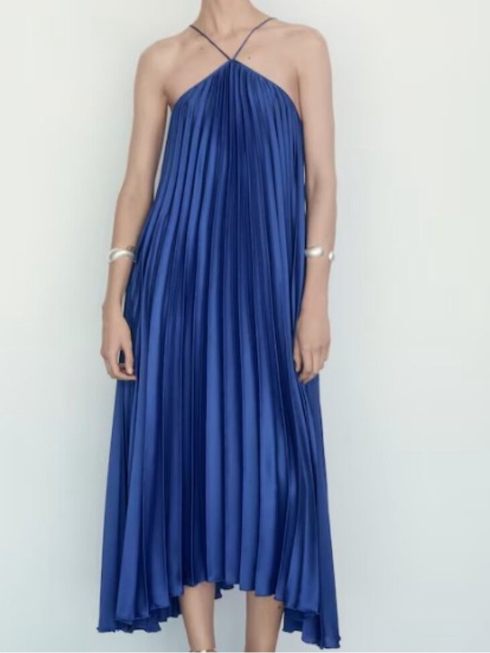 Mango Elegant Blue Pleated Halter Midi Dress